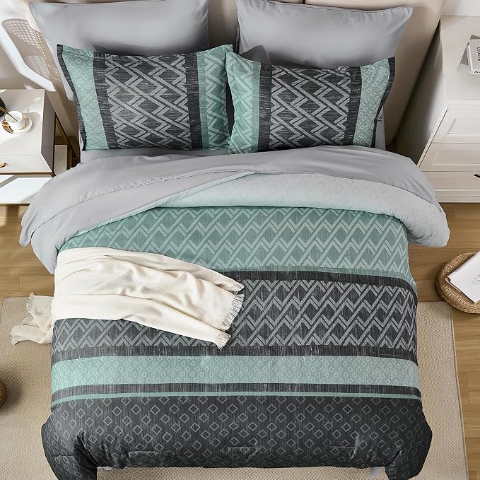Boho Comforter Set Queen Size,Green and Grey Striped Bed in a Bag | 7 Piece Plaid Comforter Set,Soft Microfiber Bedding Sets