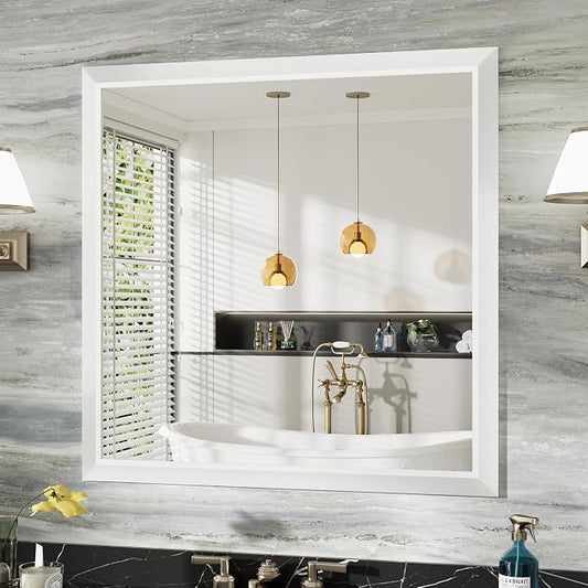 Bathroom Wall Mirror, White Metal Frame, 36x36 Inch | Anti-rust, HD tempered glass, for bathroom vanity, bedroom, living room, horizontal or vertical mount