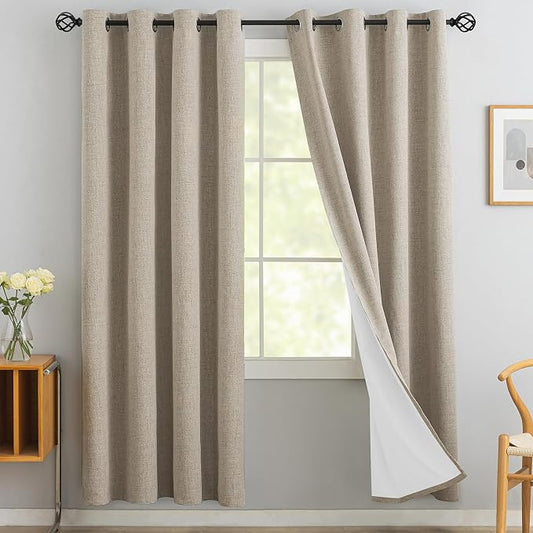 Yakamok Natural Linen Textured Curtains 72 Inches Long for Living Room | 100% Blackout Curtains,Room Darkening Curtains,Thermal Grommet Bedroom Curtain 2 Panels with Greyish White Liner,52W x 72L
