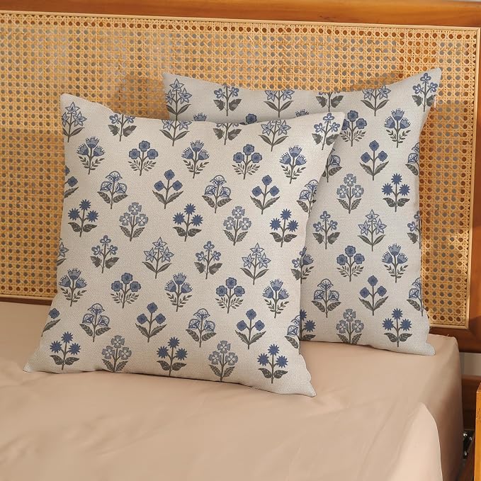 Blue Grey Pillow Covers 16x16 Inch 2 Pcs Gray Block Print Vintage Floral Decor Throw Pillows Boho Flower Spring Summer Outdoor Seasonal Decoration Pillowcase Linen Cushion Cover for Couch Sofa