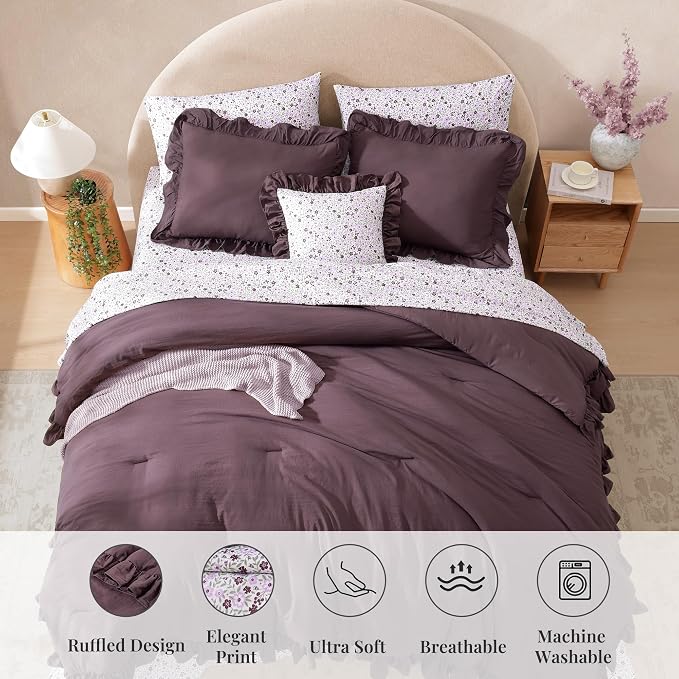 King Size Comforter Set-7 Pieces Ruffle Bedding Floral Sheet | Purple Bed in a Bag, Soft Lightweight All Season Farmhouse King Size Bedding Sets with Floral Sheets, Pillowcases & Shams