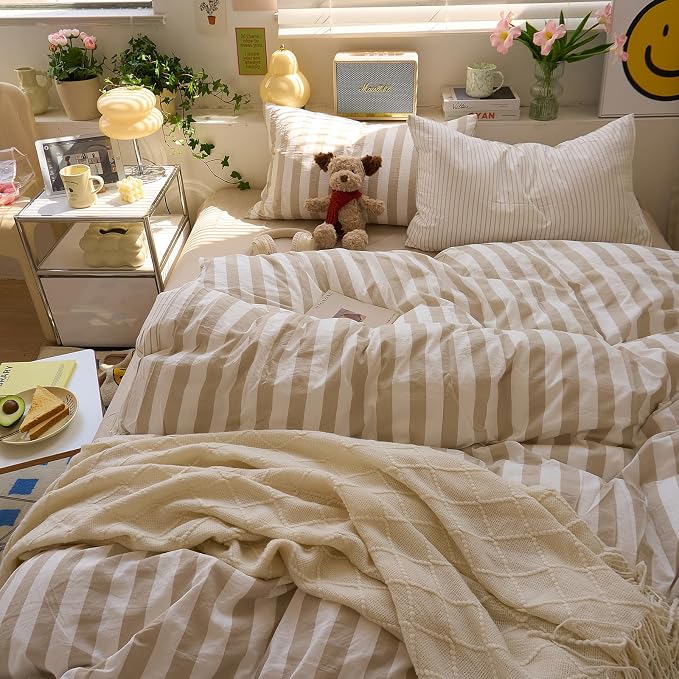 LifeTB Vintage Striped Comforter Set Full Size, 3 Piece Brown White Stripes Pattern Printed Comforter with 2 Pillowcases, Soft Breathable Khaki Striped Bedding Comforter Farmhouse Full Comforter Set