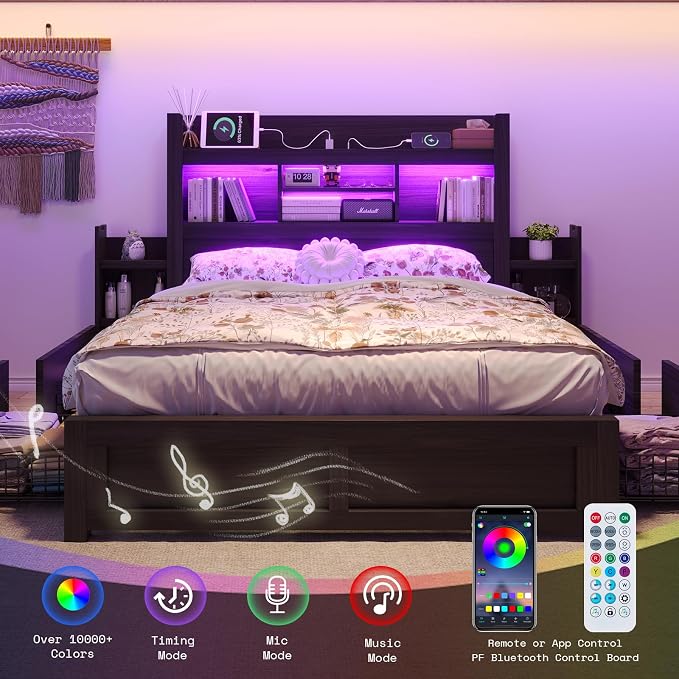 LUXOAK Full Bed Frame with Storage, Bookcase Headboard, Black | 49.6" Headboard, Wood Platform Bed, Charging Station, Bedside Storage, 4 Storage Drawers, No Box Spring Needed, Farmhouse