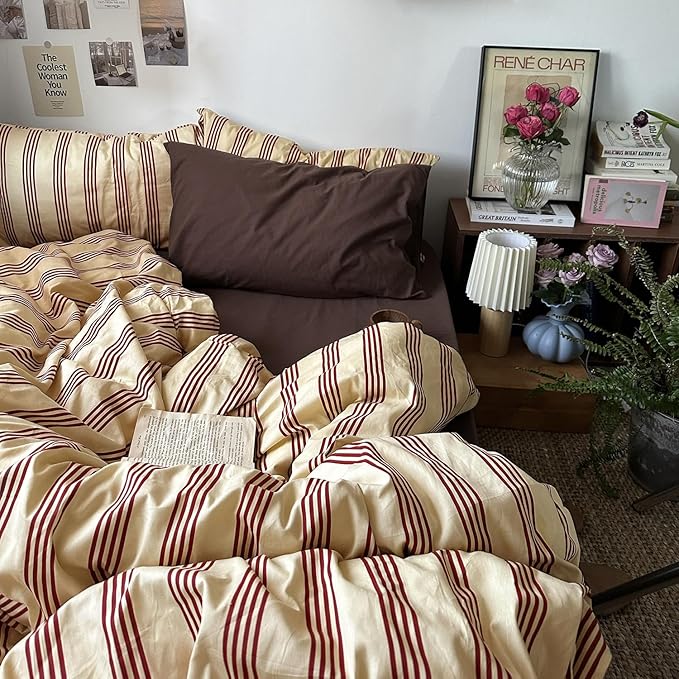 mixinni Retro Striped Duvet Cover Set Twin - 100% Natural Cotton 3-Piece Vintage Red Stripes Pattern Printed Bedding Set, Soft Breathable Comforter Cover with Zipper Closure & Corner Ties, Twin Size