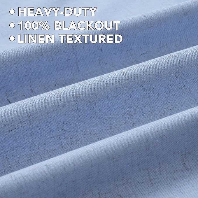 H.VERSAILTEX Linen Curtains 100% Blackout Curtains for Bedroom 96 inch Long Full Light Blocking Nature Linen Blended Window Curtains for Living Room Nickel Grommet (2 Panels, Heathered Chambray Blue)