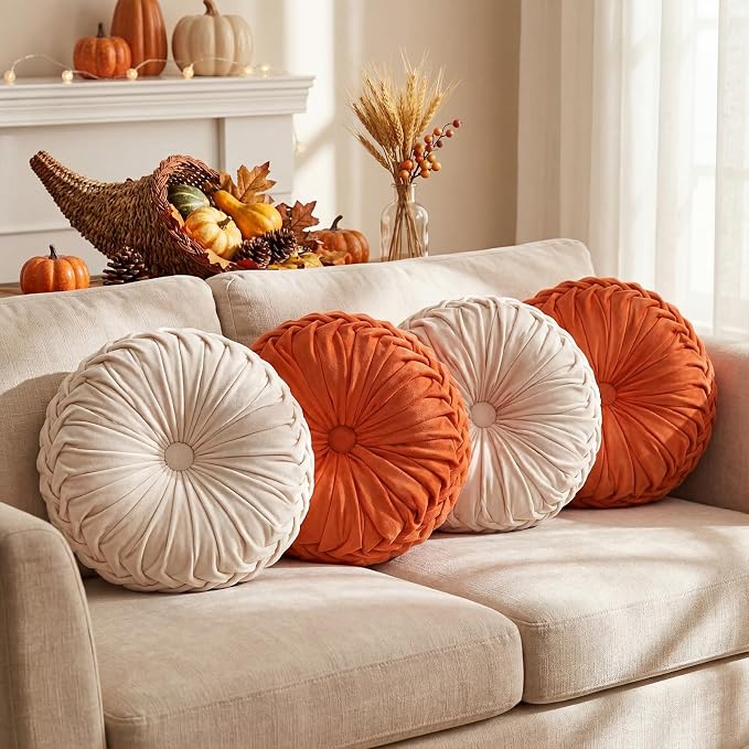 Kathfly 4 Pcs Decorative Round Pleated Throw Pillows, Classy Velvet Pumpkin Round Throw Pillows, Decorative Floor Pillow for Bed Chair Home Sofa Decor, 14" Diameter (Cream,Burnt Orange)