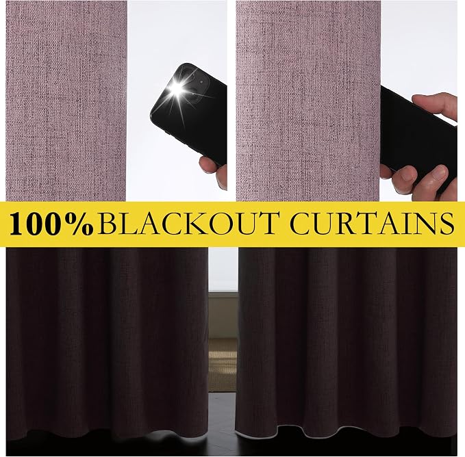 NICETOWN Chaise Mauve Vintage Linen 100% Blackout Curtains for Living Room, Thermal Insulated Curtains 120“ Long, Noise Reducing Window Treatment Drapes for Home Office, 62" Wide Per Panel, Set of 2