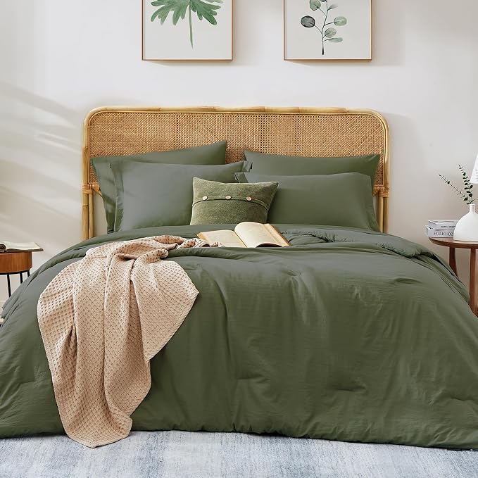 Queen Comforter Set-7 Pieces Soft Prewashed Bed in a Bag Queen Bedding Sets | All Season Comforter with Sheets, Pillow Shams & Pillowcases, Olive Green