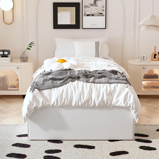 Maenizi 14 Inch XL Twin Bed Frame with White Fabric Cover, Heavy Duty Metal Twin XL Platform Bed Frame, No Box Spring Needed, Support Up to 2500 lbs, Easy Assembly, Noise Free, Black