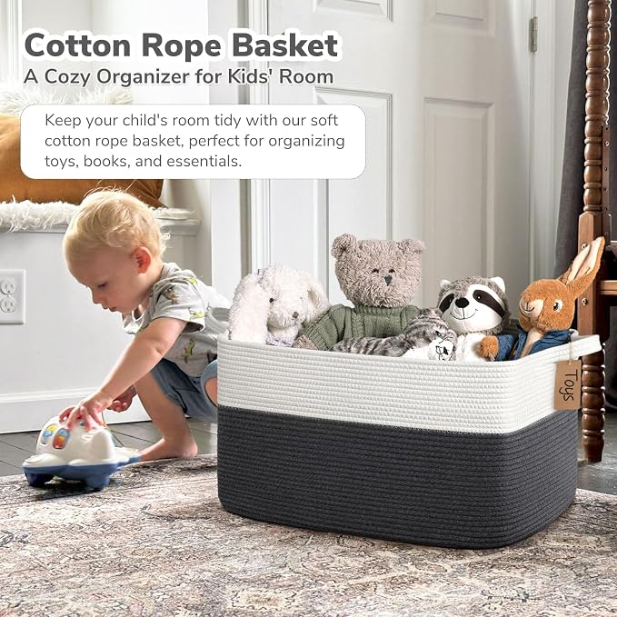 Goodpick 75L Extra Large Woven Rope Blanket Basket, Rectangle, Dark Gray | 22" × 17" × 12" Decorative Storage Basket for Blankets, Toys & Clothes, Fits Living Room, Bedroom & Nursery Organization