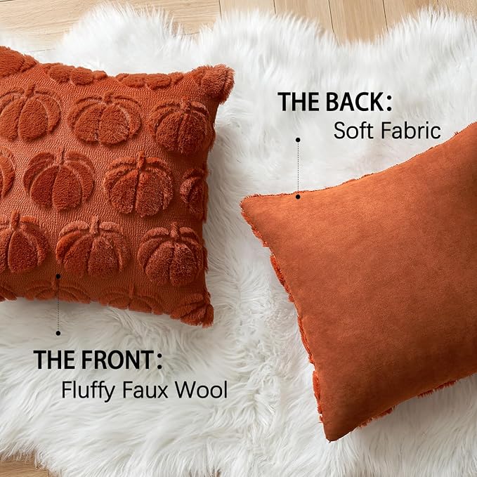 MIULEE Fall Pillow Covers Pumpkin Fall Decor 22x22 Rust | Set of 2 Fall Decorations for Home, Plush Faux Fur Farmhouse Accent Pillowcases, Porch Sofa Couch Cushion Bed Livingroom
