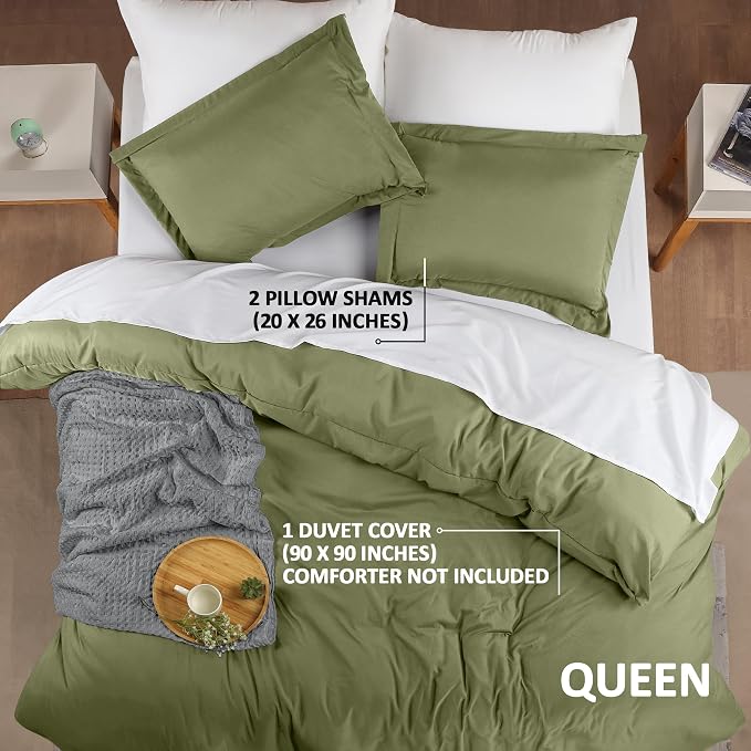 Duvet Cover Queen, 3 Piece Cotton Like Polyester With Zipper Closure, Olive | Extra Soft and Breathable, Wrinkle & Fade Resistant, Includes Duvet Cover and 2 Pillow Shams, Comforter Not Included, OekoTex