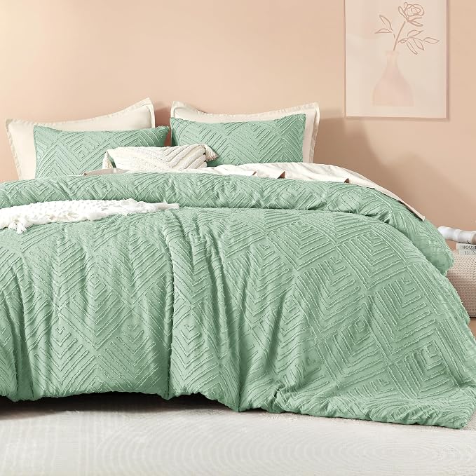 Litanika Queen Size Comforter Set, 3 Pieces Tufted Boho Bedding Set | Sage Green Farmhouse Shabby Chic Vintage Bohemian Textured Aesthetic Soft Fluffy Lightweight Breathable All Season Bed Set