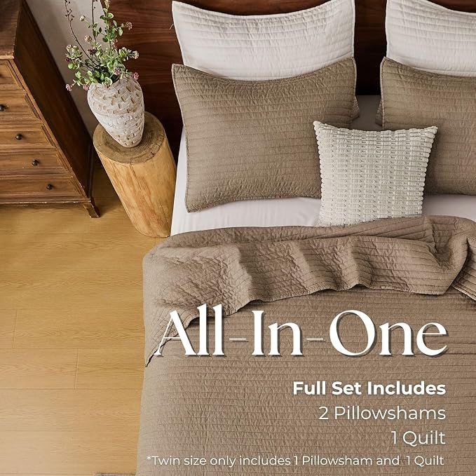 DOWN HOME Twin Quilt Bedding Set with Sham, Vintage Washed Soft Quilted Blanket Thin Comforter Lightweight Bedspread Coverlet Bed Cover, Brushed Microfiber Stripe Stitching, Brown, 66"x92"