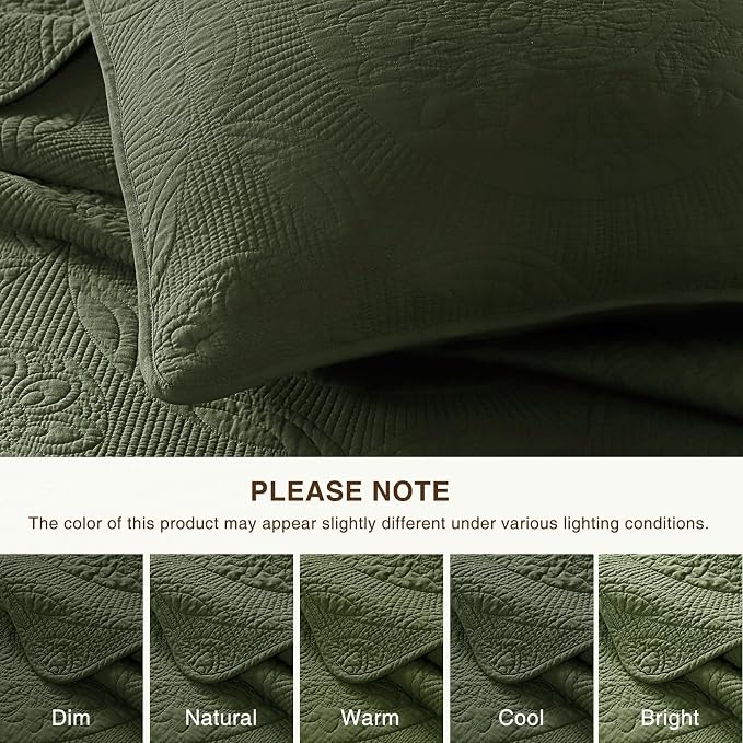 GOONE 100% Cotton Oversized King Size Quilt Set 112"x106" Olive Green | Oversized Coverage Bedspread Coverlet for Summer Fall, Farmhouse Medallion Stitch Lightweigh Bedding Set with 2 Pillow Shams