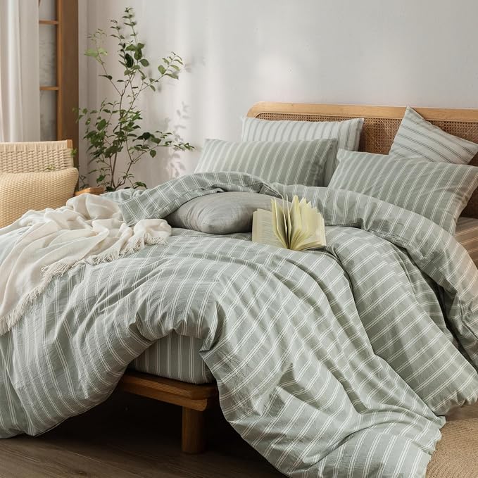 BESTOUCH Striped Cotton Duvet Cover Set Linen Feel Super Queen | 100% Washed Cotton, Soft Wrinkle Texture, Hidden Zipper, 8 Ties, Breathable Lightweight Durable Comfy, 3 Pcs No Insert