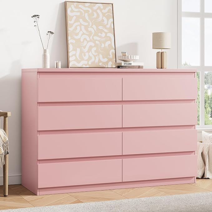 MapleGrace Modern 8 Drawer Dresser, Simply Chest of Drawers for Bedroom, Wooden Storage Dresser with Deep Drawers for Living Room/Hallway/Entryway (Pink)
