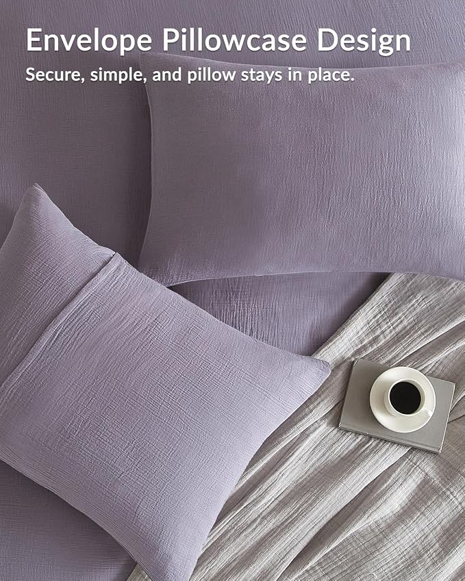 SE SOFTEXLY Muslin Duvet Cover Queen Size, 100% Washed Cotton Duvet Cover Set, Ultra Soft Comforter Cover Linen Like, 3 Pieces Minimalist Gauze Duvet Cover with 2 Pillowcases, 90"x90", Purple Grey