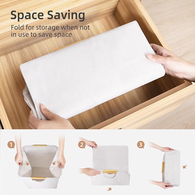 STORAGE MANIAC 3-Pack Large Laundry Hamper, 100L (26.4 Gal) Collapsible Laundry Basket with Bamboo Handles, Freestanding Waterproof Clothes Hamper for Laundry Room, Bedroom, Dorm, Towels, White