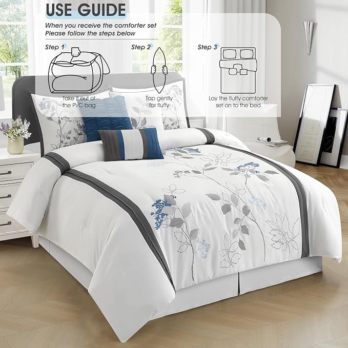 White Queen Comforter Set, 7 Pieces Bed in a Bag, Elegant Floral Leaves Embroidery, Soft and Lightweight All Seasons Bedding Set, Bedskirt, Pillow Shams, Decor Pillows