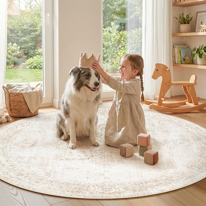 Round Rugs 6ft Washable Rug, Vintage Boho Medallion Rugs Non-Slip Soft Low Pile Circle Distressed Rug Indoor Retro Carpet for Living Room Bedroom Dining Room Home Office (Beige, 6' Round)