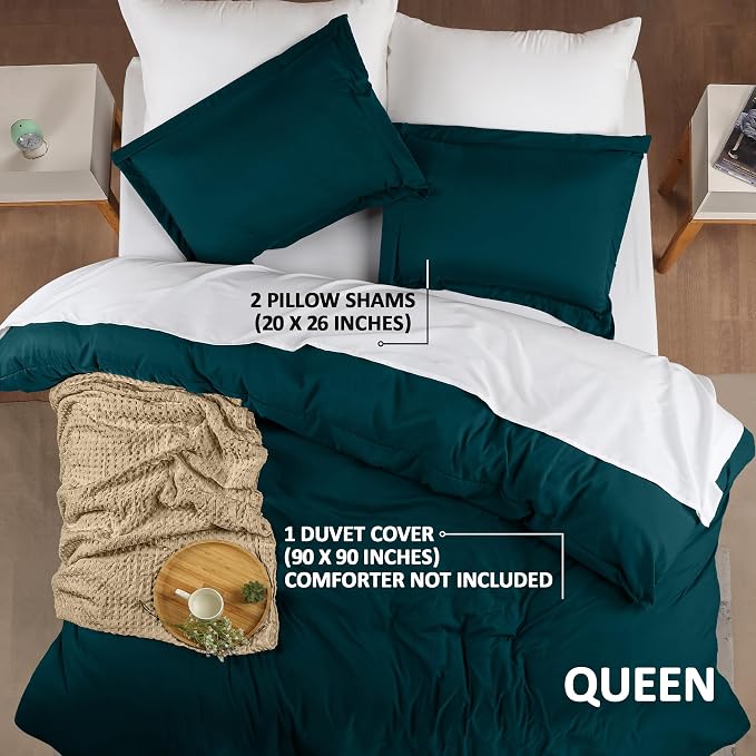 Duvet Cover Queen, 3 Piece Cotton Like Polyester With Zipper Closure, Teal | Extra Soft and Breathable, Wrinkle & Fade Resistant, Includes Duvet Cover and 2 Pillow Shams, Comforter Not Included, OekoTex