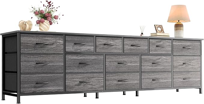 Huuger 77.6" Long Dresser for Bedroom, 16 Drawer Fabric Dresser for Closet, Wide Chest of Drawers with Storage, TV Stand for 65, 75, 85 Inch TV, 77.6" W x 13" D x 26.4" H, Grey