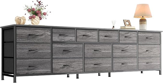 Huuger 77.6" Long Dresser for Bedroom, 16 Drawer Fabric Dresser for Closet, Wide Chest of Drawers with Storage, TV Stand for 65, 75, 85 Inch TV, 77.6" W x 13" D x 26.4" H, Grey