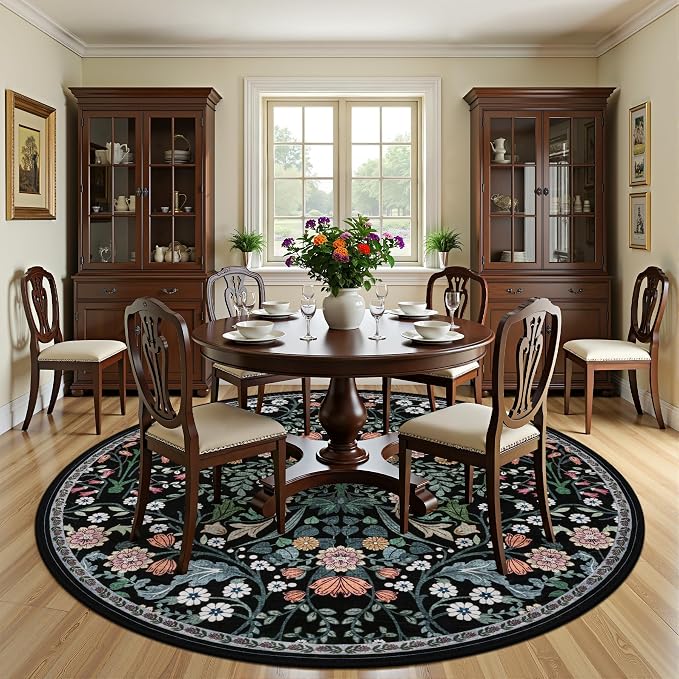 PLHXFR Round Area Rug Living Room: 8 ft Floral Washable Carpet Dark Black | For Bedroom Dining Room Farmhouse Nursery Hallway,Vintage Floral,Machine washable,Non Slip,Stain Resistant,Large Indoor