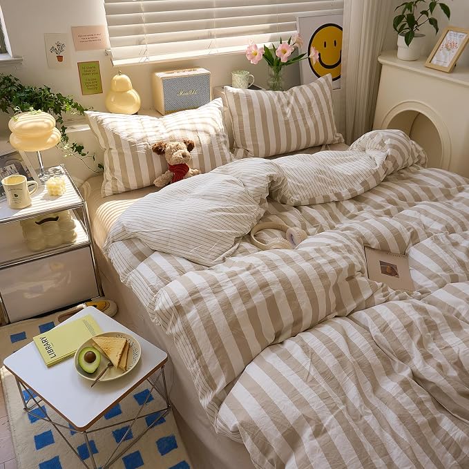 LifeTB Vintage Striped Comforter Set Twin XL, 3 Piece Brown White Stripes Pattern Printed Comforter with 2 Pillowcases, Soft Breathable Khaki Striped Bedding Comforter Farmhouse Twin XL Comforter Set