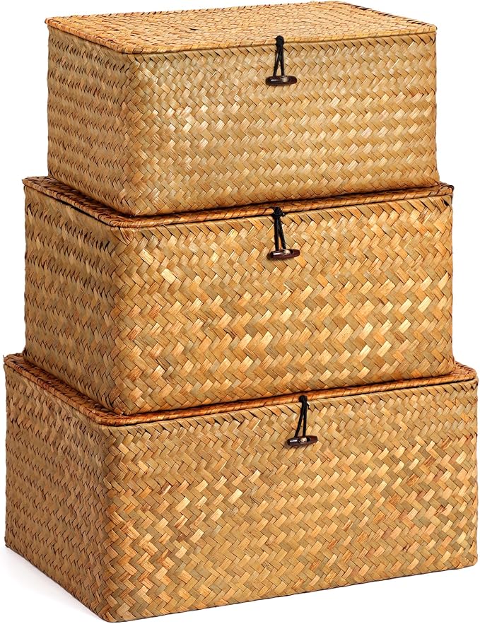 Nonam Large Wicker Basket with Lid,Seagrass Shelf Basket Set of 3,Nautral | Storage Basket Container for Organizing, Boho Decorative Basket, Rectangular Household Storage Boxes for Home Organization