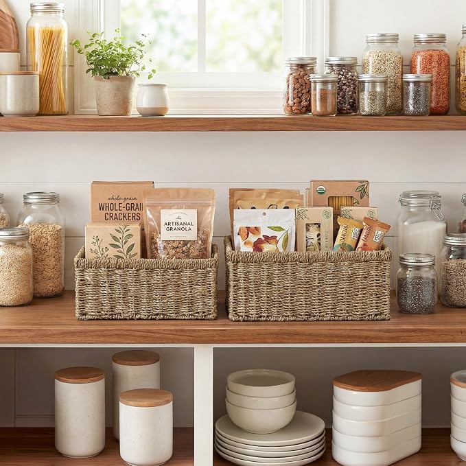 StorageWorks Wicker Storage Baskets,Natural Seagrass Storage Baskets,2-Pack | Seagrass Baskets for Storage, Seagrass Woven Storage Baskets with Built-i Handles, Decorative Woven Baskets for Storage