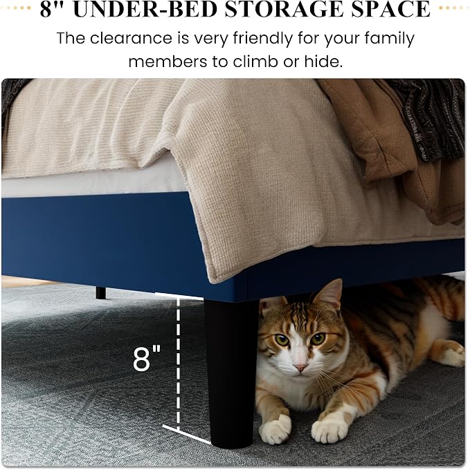 SHA CERLIN Queen Size Velvet Bed Frame, Tufted Wingback Headboard, Blue | 47'' Modern Vertical Channel Headboard, Upholstered Platform Bed, Wood Slats, No Box Spring Needed, Easy Assembly, Noise Free
