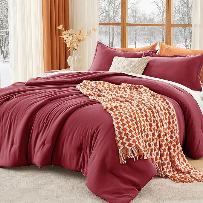 California King Comforter Set, All Season Ultra Soft Down Alternative Bedding - 3 Piece Lightweight Bed Set Includes 1 Comforter (104"x96") and 2 Pillow Shams (20"x36"), Burgundy Red