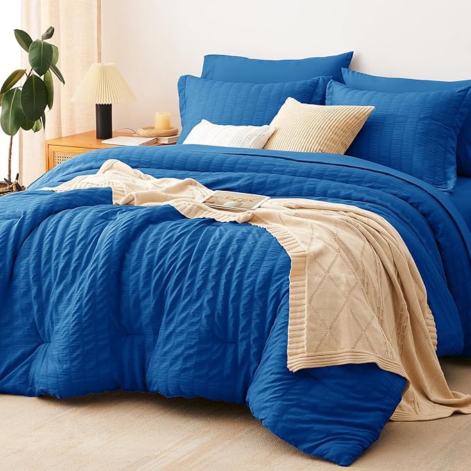 Full Comforter Sets, 7 Pieces Classic Blue Seersucker Bed in a Bag | OEKO-TEX Certified, All Season Bedding Set with 240 GSM Down Alternative Comforter, Flat & Fitted Sheets, Pillowcases & Shams