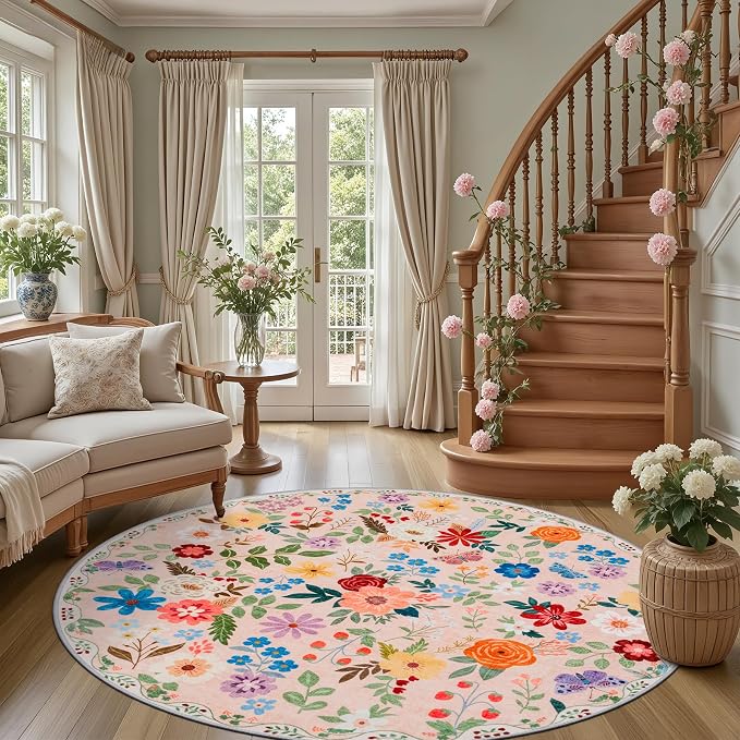 PLHXFR Round Area Rug Living Room: 6 ft Floral Washable Soft Carpet Beige | For Bedroom Dining Room Farmhouse Nursery Hallway,Vintage Floral,Machine washable,Non Slip,Stain Resistant,Large Indoor