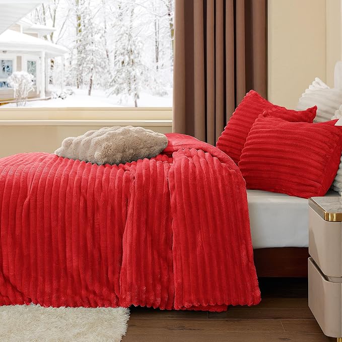 BEDELITE Fleece Twin/Twin XL Comforter Set, Fluffy Bed Set, Red | Super Soft & Warm Bedding, Luxury Fuzzy Faux Fur Comforter for Winter, Heavy Plush Bedding, with 1 Pillowcase