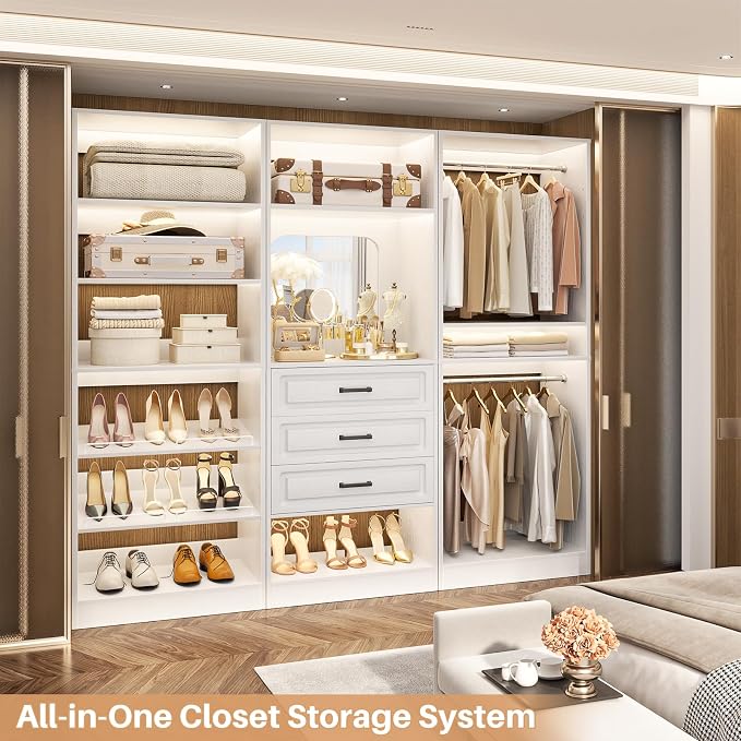 Unikito 75" Modular Closet System with 3 Sets, Mirror & Drawers, White | Hanging Rods & Adjustable Shelves, Freestanding Wood Wardrobe Garment Rack, Walk in Tower Clothes Storage Organizer Unit