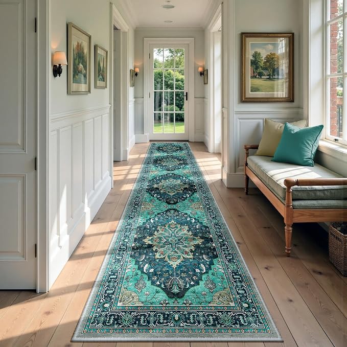 RELEANY Washable Area Rug, Runner 2'6"x12', Teal | Non-Slip, Water Repellent, Pet Friendly, Easy to Clean, Vintage Floral Boho Decor for Kitchen Hallway Laundry Living Room