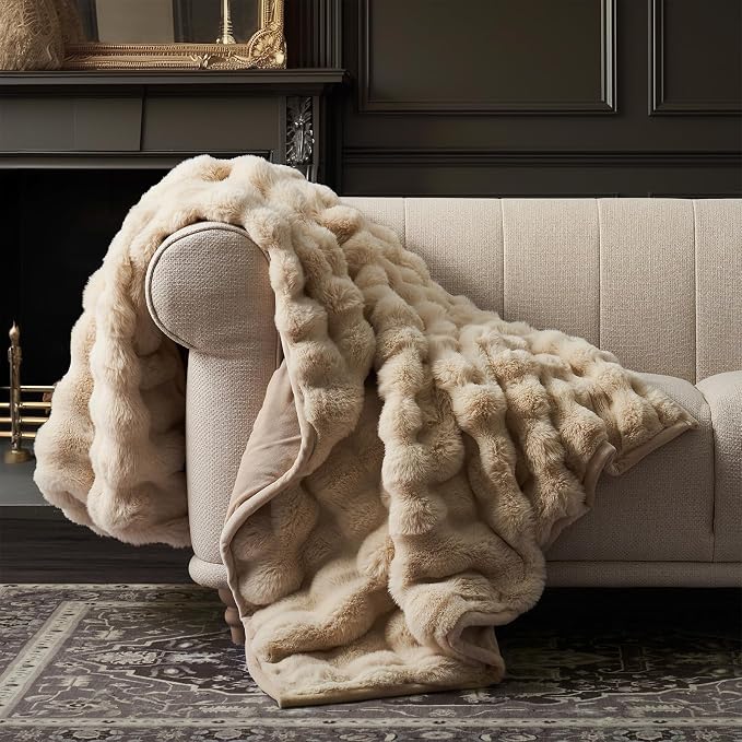 EverGrace Faux Rabbit Fur Bubble Throw Blanket, 50"x60", Cream | Ultra Soft, Luxury Faux Rabbit Fur Throw, Thick Warm Bubble Blanket, Cozy Fluffy Reversible, for Bed, Couch, Chair, Sofa
