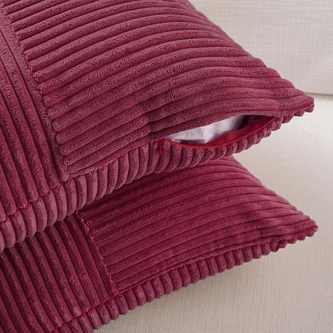 Fancy Homi 2 Packs Burgundy Lumbar Decorative Throw Pillow Covers 16x26 Inch for Couch Bed Sofa, Rustic Farmhouse Boho Spring Home Decor, Soft Striped Corduroy Rectangle Accent Cushion Case