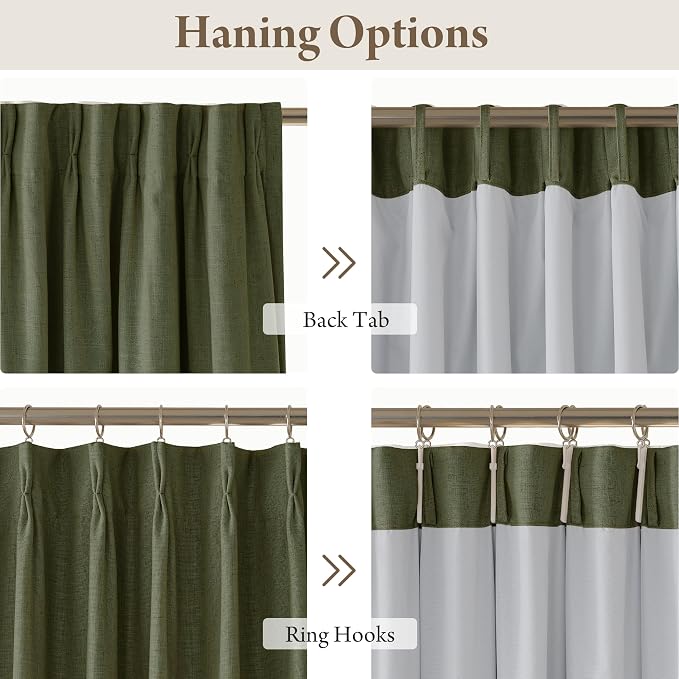 RYB HOME 100% Blackout Olive Green Pinch Pleated Linen Curtains for Bedroom, 2 Layers Thermal Insulated Natural Neutral Decor for Farmhouse Living Room, 40" W x L84 L, 2 Panels Set