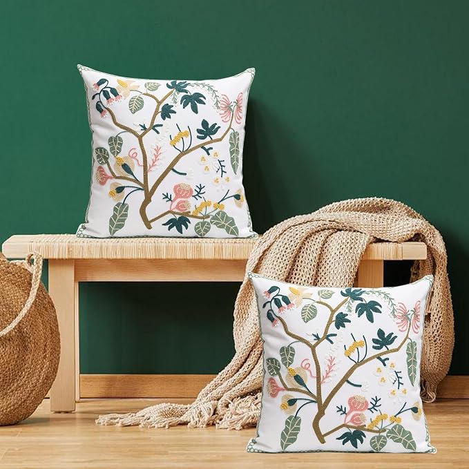 Pack of 2 Embroidered Decorative Throw Pillow Cover 18x18 Inch Farmhouse Floral Pillowcase for Living Room Sofa Bed (Spring Tree Floral)
