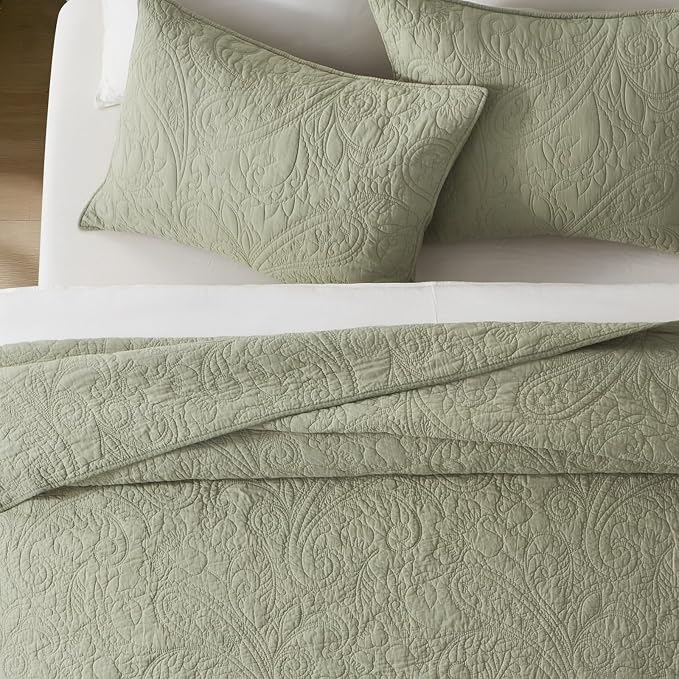 EVERGRACEHOME 100% Cotton Paisley Quilt Set, Queen Size, Light Sage Green | Prewashed for Softness, Year-Round Breathability, Gift-Ready Box, Matelasse-style Quilted Coverlet, 3 Piece Set with 2 Shams