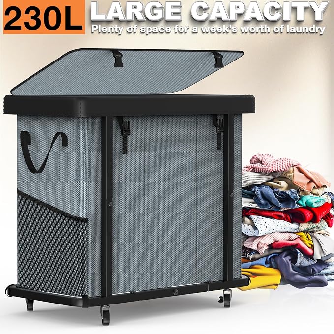 Laundry Basket with Wheels, 230L(60Gal) Laundry Sorter 3 Section - Gray | Leather Patchwork Laundry Hapmer, Sturdy Metal Frame, Removable Washable Bag, Tall Clothes Sorter for Bedroom