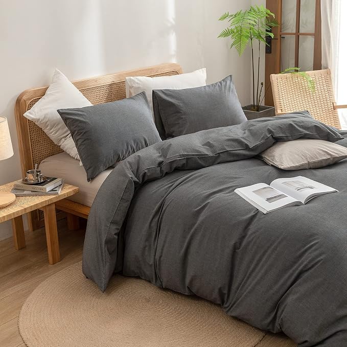 BESTOUCH Cotton Solid Duvet Cover Set Linen Feel Dark Grey California King | 100% Washed Cotton, Soft Wrinkle Texture, Hidden Zipper, 8 Ties, Breathable Lightweight Durable Comfy, 3 Pcs No Insert