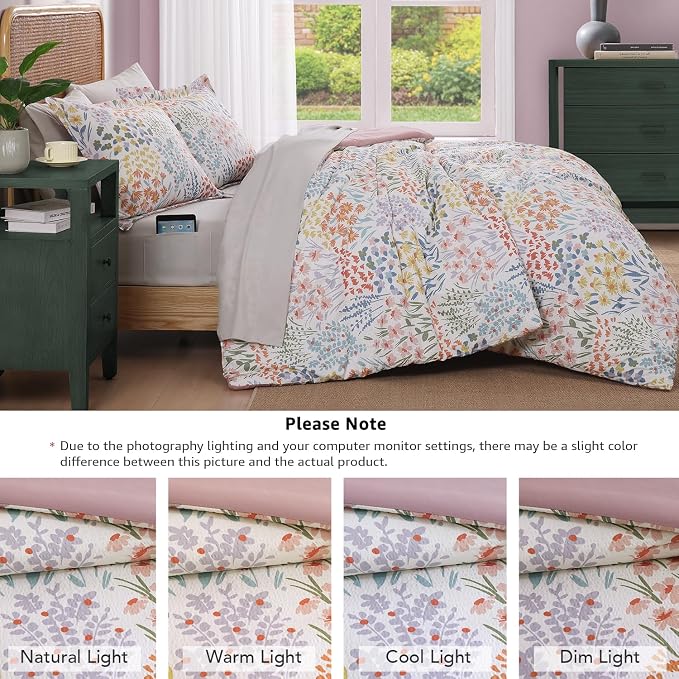 King Size Comforter Set - 7 Pieces Floral Bed in a Bag King Bedding Set | All Season Botanical Texture Flowers Comforter Set with Sheets, Pillowcases & Shams