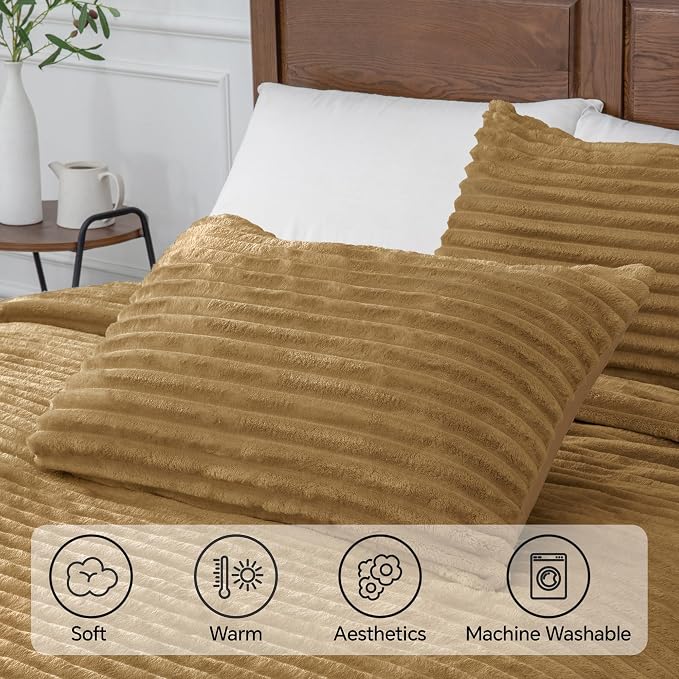 BEDELITE Fleece Full Comforter Set, Fluffy Bed Set, Brown | Super Soft & Warm Bedding, Luxury Fuzzy Faux Fur Comforter for Winter, Heavy Plush Bedding, with 2 Pillowcases