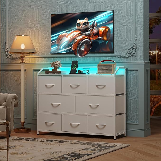 WLIVE Dresser for Bedroom, 8 Drawer LED Dresser with Outlet, White | 8 roomy fabric drawers, LED ambient lighting, Built-in power outlet, Bedroom or living room, Chest of drawers