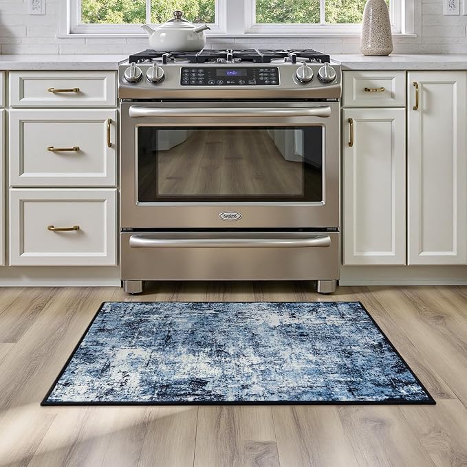 Rugflix 2x4 Entrance Rugs, Washable Navy Blue Dark Entry Small Rug | Machine Washable; Stain-Resistant; Low Pile; Non-Slip; Modern Abstract; Black Carpet for Entryway Kitchen Hallway Home